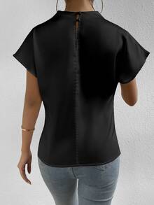 SHEIN Mock Neck Batwing Sleeve Satin Blouse,Short Sleeve Tops - Black - View 4