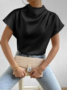 SHEIN Mock Neck Batwing Sleeve Satin Blouse,Short Sleeve Tops - Black - View 5