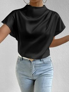 SHEIN Mock Neck Batwing Sleeve Satin Blouse,Short Sleeve Tops - Black - View 3