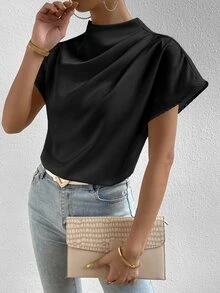 SHEIN Mock Neck Batwing Sleeve Satin Blouse,Short Sleeve Tops - Black - View 7