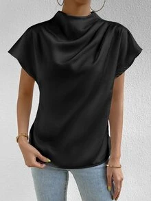 SHEIN Mock Neck Batwing Sleeve Satin Blouse,Short Sleeve Tops - Black - View 8