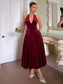 SHEIN 女款純色深V領掛脖天鵝絨洋裝，酒紅色，優雅性感，適合婚禮、約會、晚餐派對，夏季穿著 - 酒紅色 - 查看 6