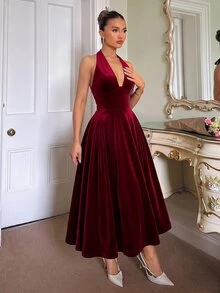 SHEIN 女款純色深V領掛脖天鵝絨洋裝，酒紅色，優雅性感，適合婚禮、約會、晚餐派對，夏季穿著 - 酒紅色 - 查看 4