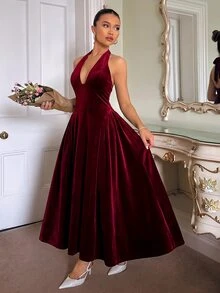 SHEIN 女款純色深V領掛脖天鵝絨洋裝，酒紅色，優雅性感，適合婚禮、約會、晚餐派對，夏季穿著 - 酒紅色 - 查看 1