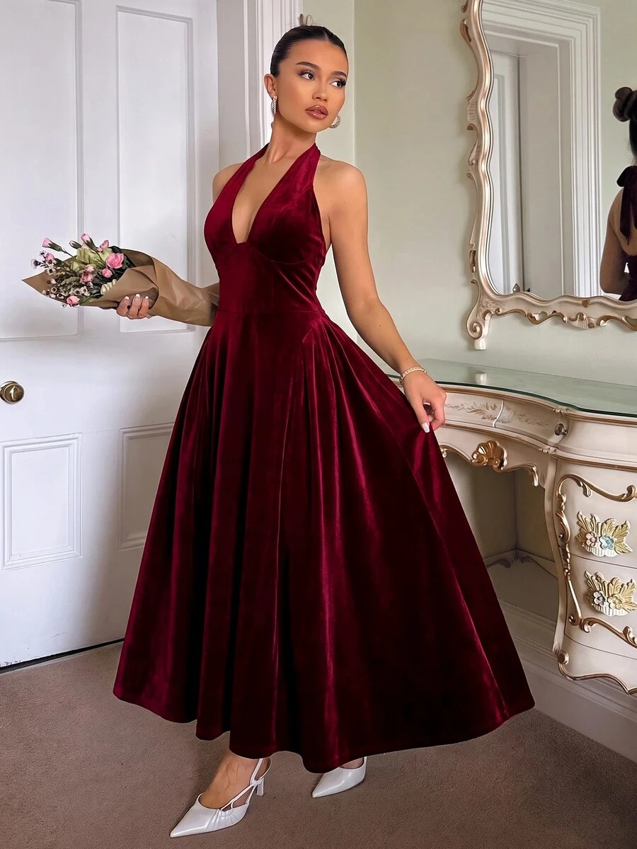 SHEIN 女款純色深V領掛脖天鵝絨洋裝,酒紅色,優雅性感,適合婚禮、約會、晚餐派對,夏季穿著 - 酒紅色 - 查看 1