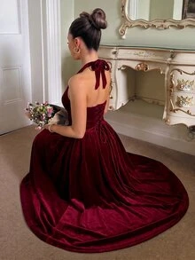 SHEIN 女款純色深V領掛脖天鵝絨洋裝，酒紅色，優雅性感，適合婚禮、約會、晚餐派對，夏季穿著 - 酒紅色 - 查看 5
