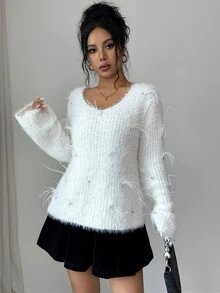Elenzga Sweater Lengan Panjang Wanita Warna Polos Kerah V Kasual Serbaguna untuk Pemakaian Sehari-hari - Putih - View 6