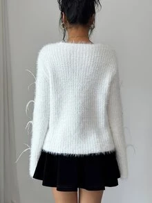 Elenzga Sweater Lengan Panjang Wanita Warna Polos Kerah V Kasual Serbaguna untuk Pemakaian Sehari-hari - Putih - View 2