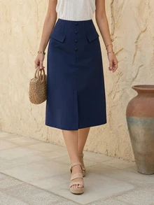 EMERY ROSE Rok Lurus Wanita Warna Biru Tua dengan Potongan Pinggang yang Rapi, Belahan Depan, Desain Saku Palsu dengan Penutup, Rok Panjang Sedang yang Elegan - Navy Blue - View 4