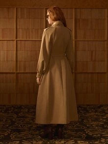 MOTF STUDIO WOMEN'S FASHION COMMUTER SOLID COLOR HIGH NECK BELTED LONG TRENCH COAT - Khaki - View 4