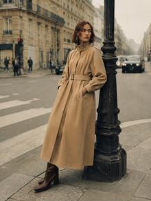 MOTF STUDIO WOMEN'S FASHION COMMUTER SOLID COLOR HIGH NECK BELTED LONG TRENCH COAT - Khaki - View 1