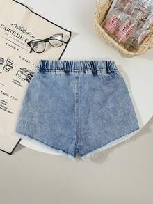 SHEIN Genkimix Kids Tween 女童 Y2K 风格复古水洗浅蓝色牛仔短裤，做旧下摆，星星刺绣，宽松版型，舒适柔软的面料，街头时尚，女童牛仔裤 - 淺色水洗藍 - 查看 3