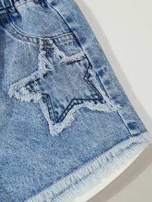 SHEIN Genkimix Kids Tween 女童 Y2K 风格复古水洗浅蓝色牛仔短裤，做旧下摆，星星刺绣，宽松版型，舒适柔软的面料，街头时尚，女童牛仔裤 - 淺色水洗藍 - 查看 6