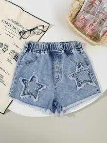 SHEIN Genkimix Kids Tween 女童 Y2K 风格复古水洗浅蓝色牛仔短裤，做旧下摆，星星刺绣，宽松版型，舒适柔软的面料，街头时尚，女童牛仔裤 - 淺色水洗藍 - 查看 4