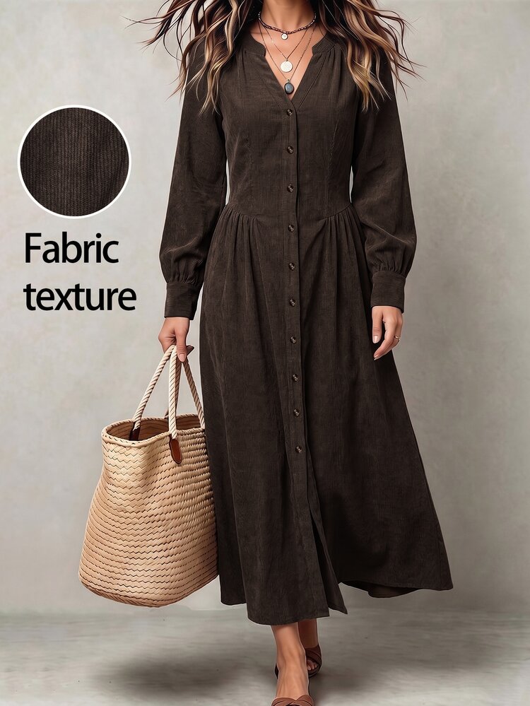 LUMIGAL Women's V-Neck Long Sleeve Corduroy Dress - Chocolate Brown - View 1