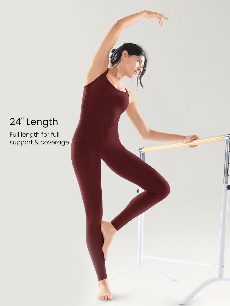 24" ButterFit Feel Good Moves Buttery-Soft Stretchy Sweat-Wicking Removable Cups Side Pockets Open-Back Bodysuit Yoga Pilates Gym