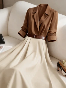 GlowEve 女款拼色拼接設計收腰A字版型優雅休閒通勤時尚法式街頭復古百搭度假商務秋冬襯衫風長袖洋裝 - 彩色 - 查看 5