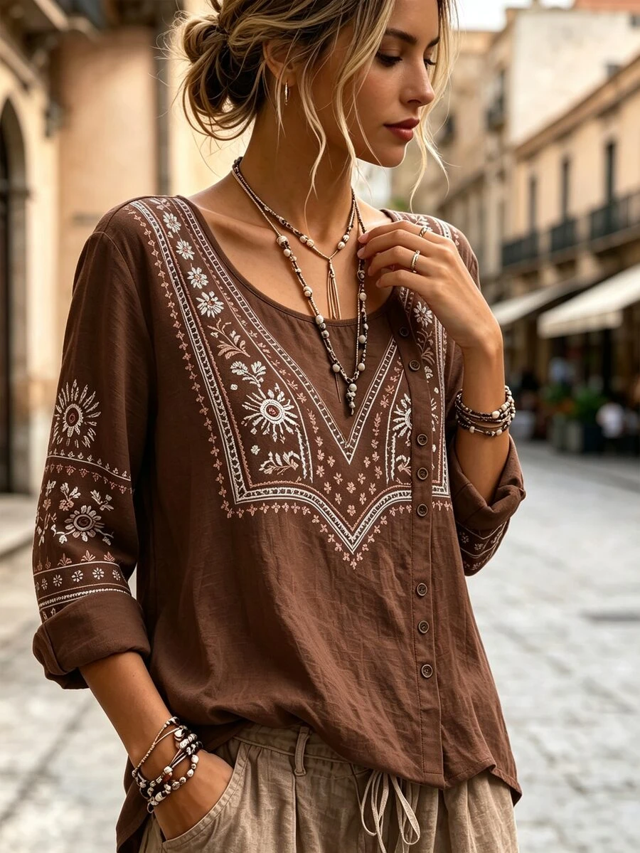 Trelyra Bohemian Style Loose Casual Floral Print Top - Coffee Brown - View 1