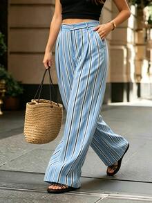 Ceyna Plus Size Striped Casual Versatile Commute Daily Outdoor Pocket Elastic Waist Wide Leg Long Pants Office Brunch Blue And White Autumn Fall - Blue - View 6