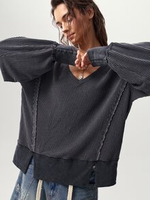 Bohemela 休閒搖滾風純色針織V領長袖寬鬆水洗女款衛衣 日常穿搭 炭灰色 秋冬 - 黑色 - 查看 1
