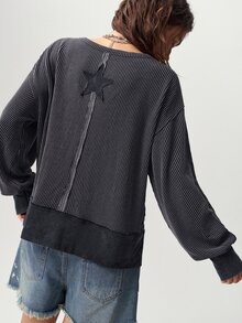 Bohemela 休閒搖滾風純色針織V領長袖寬鬆水洗女款衛衣 日常穿搭 炭灰色 秋冬 - 黑色 - 查看 7