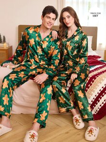 CoupledUp 人造絲聖誕薑餅人印花翻領長袖長褲睡衣套裝 - 綠色 - 查看 8