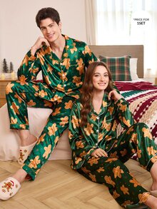 CoupledUp 人造絲聖誕薑餅人印花翻領長袖長褲睡衣套裝 - 綠色 - 查看 9