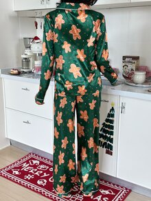 CoupledUp 人造絲聖誕薑餅人印花翻領長袖長褲睡衣套裝 - 綠色 - 查看 3
