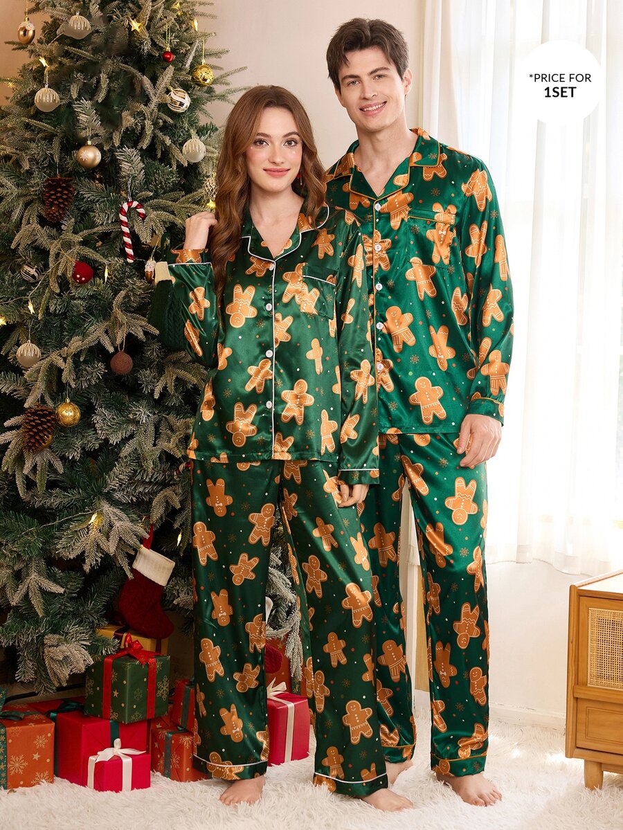 CoupledUp 人造絲聖誕薑餅人印花翻領長袖長褲睡衣套裝 - 綠色 - 查看 1