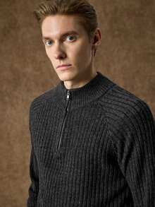 Claim Dot 男士針織插肩袖長袖拉鍊毛衣，適合日常休閒中性穿著，米色秋季教師節辦公工作 - 深灰色 - 查看 2