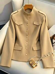 SHEIN Women's Solid Color Stand Collar Long Sleeve Single-Breasted Casual Jacket - Khaki - View 3