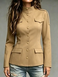 SHEIN Women's Solid Color Stand Collar Long Sleeve Single-Breasted Casual Jacket - Khaki - View 5
