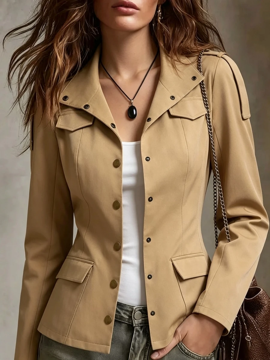 SHEIN Women's Solid Color Stand Collar Long Sleeve Single-Breasted Casual Jacket - Khaki - View 1