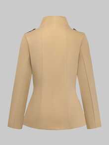 SHEIN Women's Solid Color Stand Collar Long Sleeve Single-Breasted Casual Jacket - Khaki - View 2
