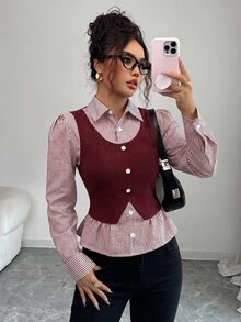 SHEIN Elenzya 女款條紋拼接 2 合 1 休閒日常上衣 - 紅色 - 查看 4