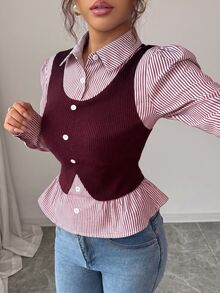SHEIN Elenzya 女款條紋拼接 2 合 1 休閒日常上衣 - 紅色 - 查看 6