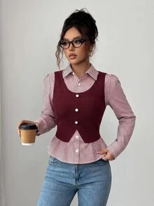 SHEIN Elenzya 女款條紋拼接 2 合 1 休閒日常上衣 - 紅色 - 查看 5