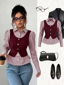 SHEIN Elenzya 女款條紋拼接 2 合 1 休閒日常上衣 - 紅色 - 查看 1