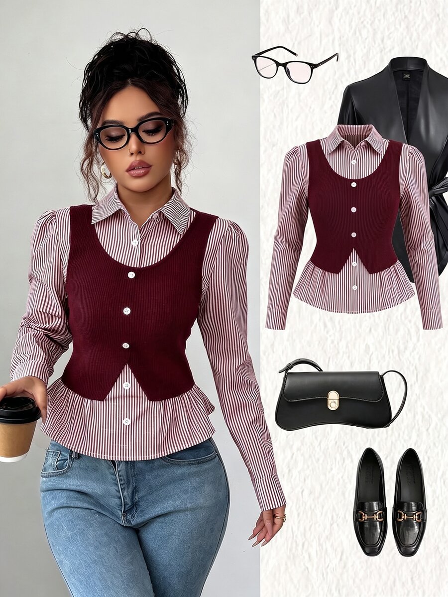 SHEIN Elenzya 女款條紋拼接 2 合 1 休閒日常上衣 - 紅色 - 查看 1