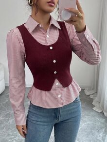 SHEIN Elenzya 女款條紋拼接 2 合 1 休閒日常上衣 - 紅色 - 查看 3
