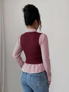 SHEIN Elenzya 女款條紋拼接 2 合 1 休閒日常上衣 - 紅色 - 查看 2