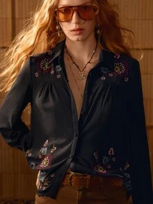 MOTF STUDIO WOMEN EMBROIDERED FLORAL PATTERN FOLD PLEATED SHIRT - Black - View 3