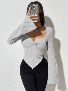 SHEIN 女式喇叭袖方领扭结下摆罗纹纹理短款长袖 T 恤，秋冬 - 灰色 - 查看 8