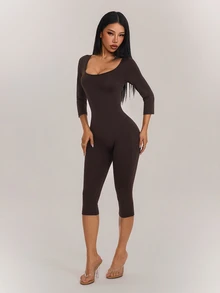 SHEIN PETITE جمبسوت نسائي بلون موحد للارتداء اليومي الكاجوال - قهوة بني - مشاهدة 6