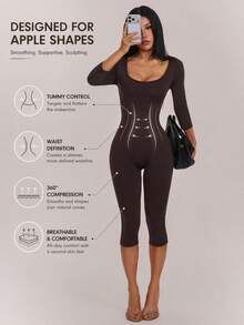 SHEIN PETITE جمبسوت نسائي بلون موحد للارتداء اليومي الكاجوال - قهوة بني - مشاهدة 3