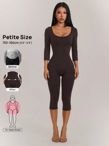 SHEIN PETITE جمبسوت نسائي بلون موحد للارتداء اليومي الكاجوال - قهوة بني - مشاهدة 7