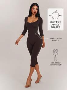 SHEIN PETITE جمبسوت نسائي بلون موحد للارتداء اليومي الكاجوال - قهوة بني - مشاهدة 1