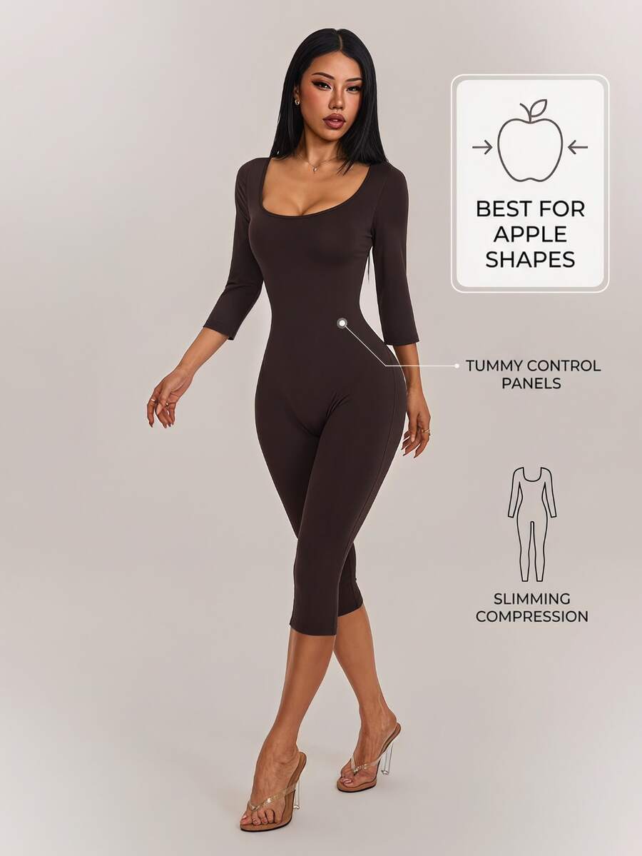 SHEIN PETITE جمبسوت نسائي بلون موحد للارتداء اليومي الكاجوال - قهوة بني - مشاهدة 1