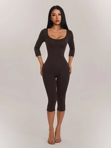 SHEIN PETITE جمبسوت نسائي بلون موحد للارتداء اليومي الكاجوال - قهوة بني - مشاهدة 4