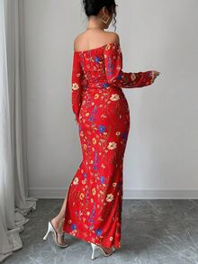 SHEIN 女款優雅方領花卉枝條印花網紗彈性腰抽褶緊身開衩長燈籠袖洋裝 - 紅色 - 查看 2
